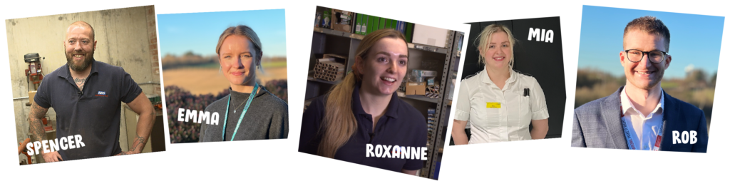 A collage of five apprentices named Spencer, Emma, Roxanne, Mia and Rob.