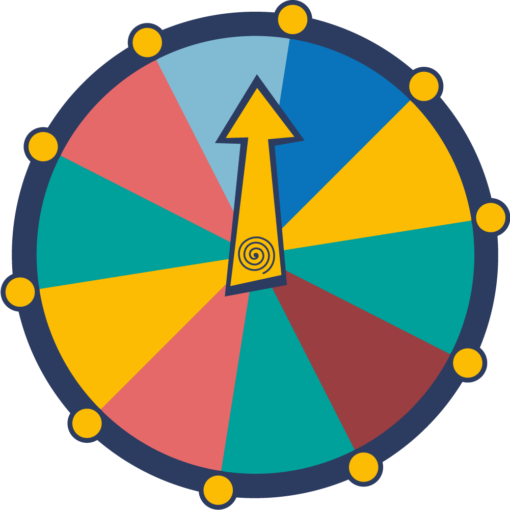 A colourful roulette wheel with the text "spin again"