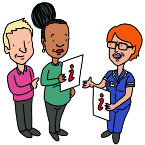 Cartoon drawing of an expectant couple talking to a midwife and holding informational cards.